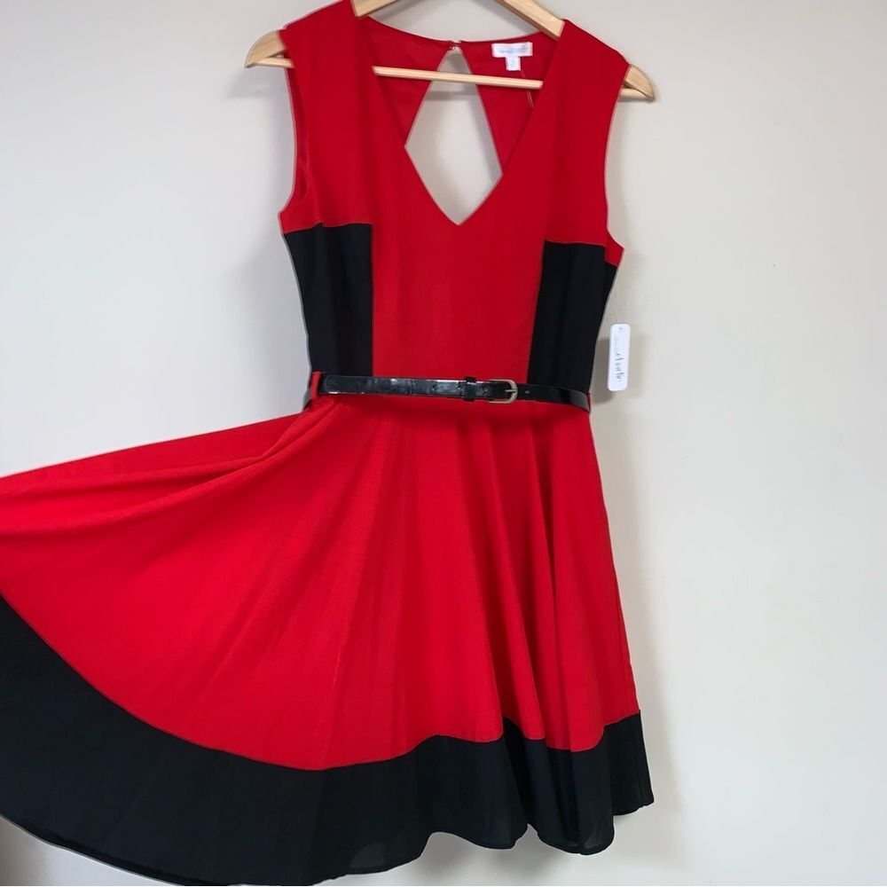 CHARMING CHARLIE Dress Large Red Black Fit & Flare Sleeveless Cut Out Belted